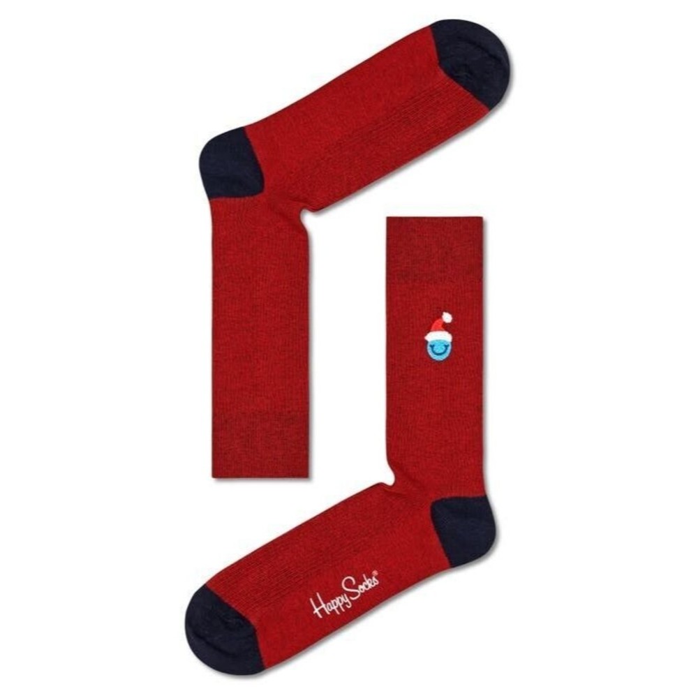 NWT Happy Socks Smiley Santa Ribbed Cotton Blend Crew Socks in Dark Red